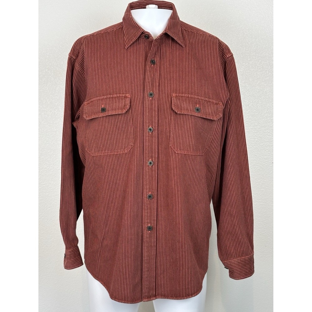 Vintage LL Bean Striped Long Sleeve Button Up Shirt Mens M Red Outdoor Hong Kong
